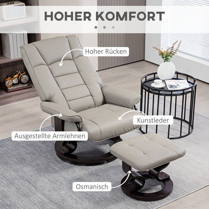 Reclining relaxation chair with stool, artificial leather, grey