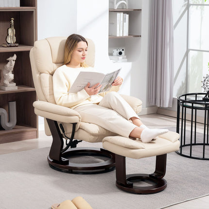 Cream Faux Leather Recliner Chair with Ottoman, 360° rotatable