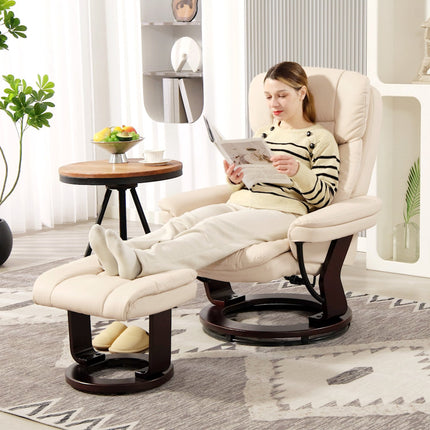 Cream Faux Leather Recliner Chair with Ottoman, 360° rotatable