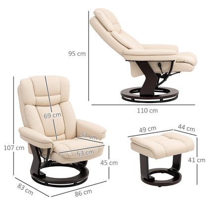 Cream Faux Leather Recliner Chair with Ottoman, 360° rotatable