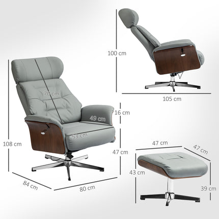 Lounger with ottoman, adjustable headrest, light gray artificial leather