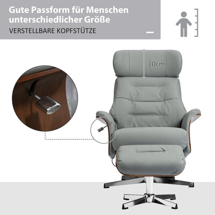 Lounger with ottoman, adjustable headrest, light gray artificial leather