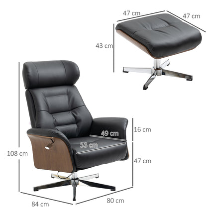 Lounger with ottoman, swivel, artificial leather, black