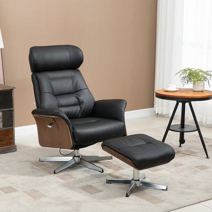 Lounger with ottoman, swivel, artificial leather, black