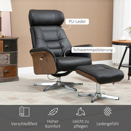 Lounger with ottoman, swivel, artificial leather, black
