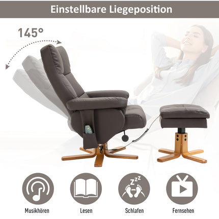 Brown relaxation chair in artificial leather with massage and stool
