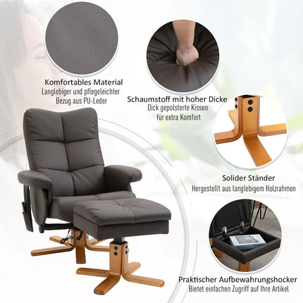 Brown relaxation chair in artificial leather with massage and stool