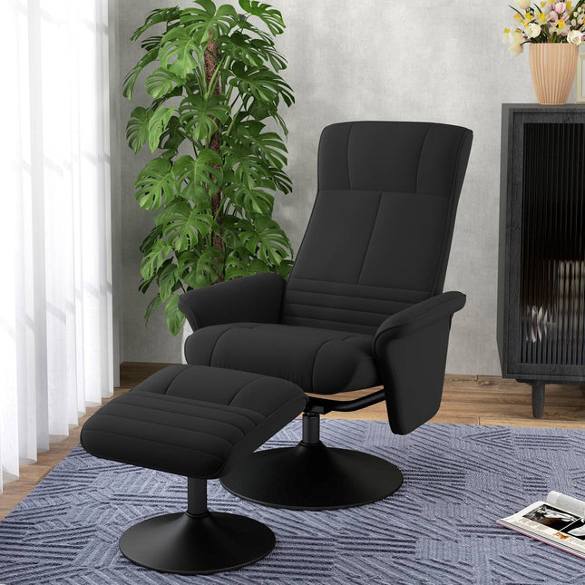 Black lounge chair in microfiber with stool, 150 kg Capacity
