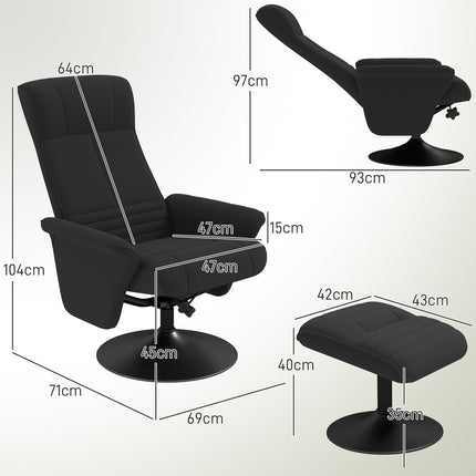 Black lounge chair in microfiber with stool, 150 kg Capacity