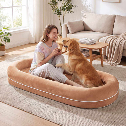 Removable Human Dog Bed with Plush Blanket – Brown
