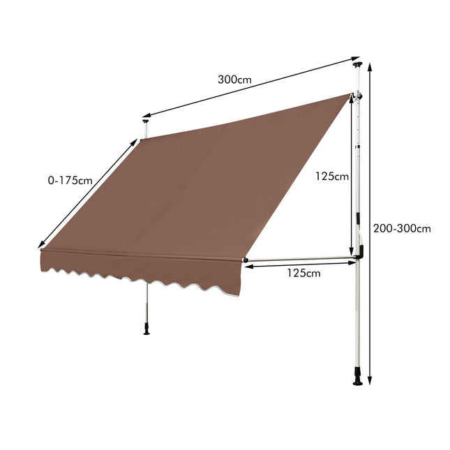 Retractable Awning 300cm, No-Drill, UV-Resistant, Brown