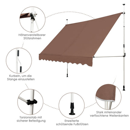 Retractable Awning 300cm, No-Drill, UV-Resistant, Brown