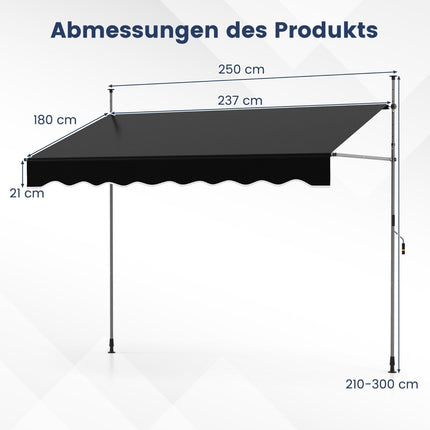 Retractable Awning, No-Drill, Adjustable Height, 250cm, Black