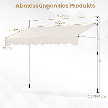 Retractable Awning, No-Drill, Adjustable Height, 250cm, White