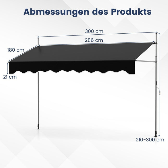 Retractable Awning, No-Drill, Adjustable Height, 300cm, Black