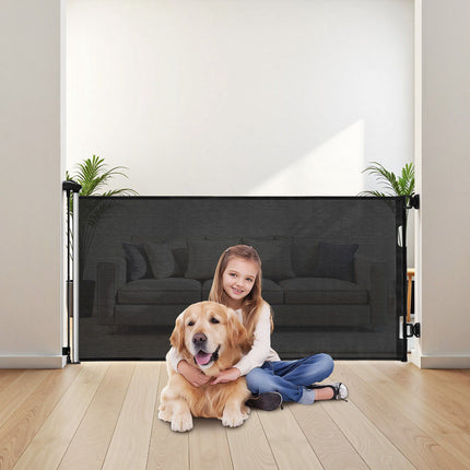 Retractable Baby Gate, 1430mm Wide, Locking Mesh, Black