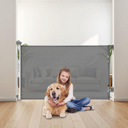 Retractable Baby Gate 1450 mm Wide, Mesh, Lock, Gray