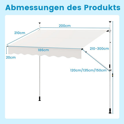 Retractable Balcony Awning, 200cm, No-Drill, UV Resistant
