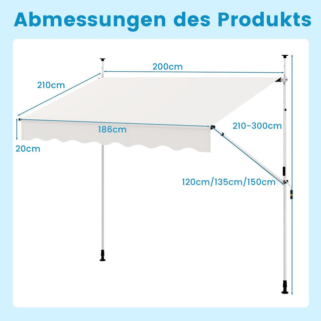 Retractable Balcony Awning, 200cm, No-Drill, UV Resistant