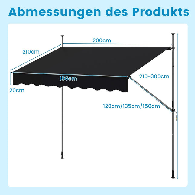 Retractable Balcony Awning, 200cm, No-Drill, UV-Resistant