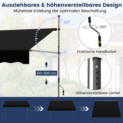 Retractable Balcony Awning, No-Drill, UV-Resistant, 200 cm, Black