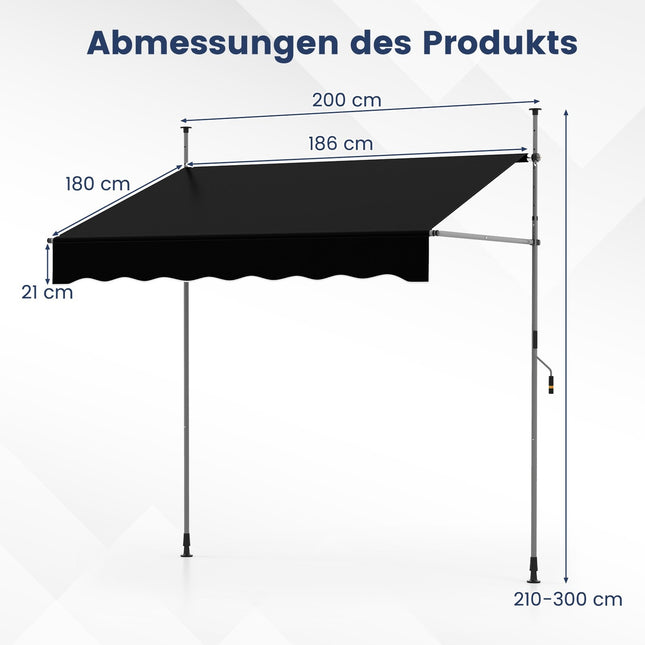 Retractable Balcony Awning, No-Drill, UV-Resistant, 200 cm, Black