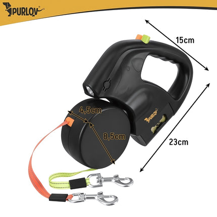 Retractable Double Dog Leash 2 x 3 m with LED Flashlight, USB-C, Bag Dispenser