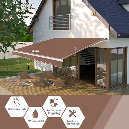 Retractable Patio Awning, Aluminum, 3.6m x 3m, Brown