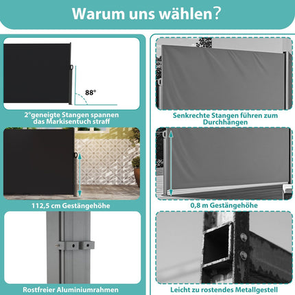 Retractable Side Awning, 300x160 cm, Aluminum, UV-Resistant