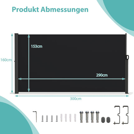 Retractable Side Awning, 300x160 cm, Aluminum, UV-Resistant