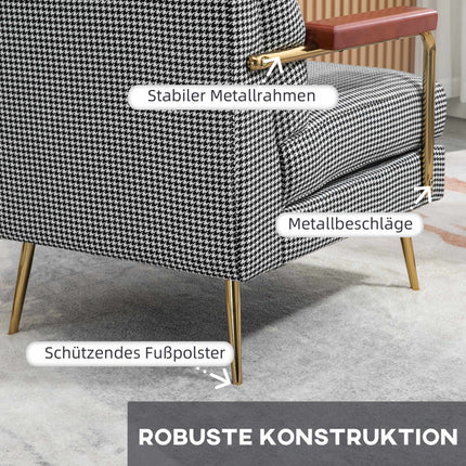 Retro Accent Chair, Houndstooth Pattern, Wood & Gold Elements