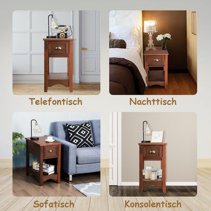 Retro side table with drawer & shelf rubber wood legs for living room & bedroom red brown