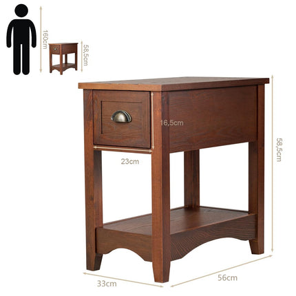 Retro side table with drawer & shelf rubber wood legs for living room & bedroom red brown