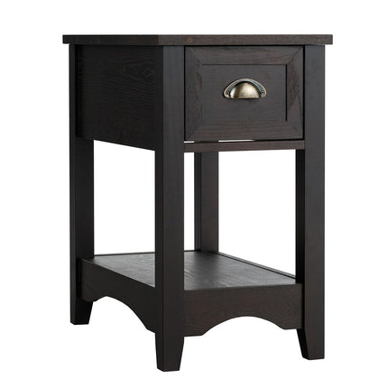 Retro side table with drawer & shelf rubber wood legs for living room & bedroom walnut