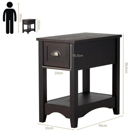 Retro side table with drawer & shelf rubber wood legs for living room & bedroom walnut