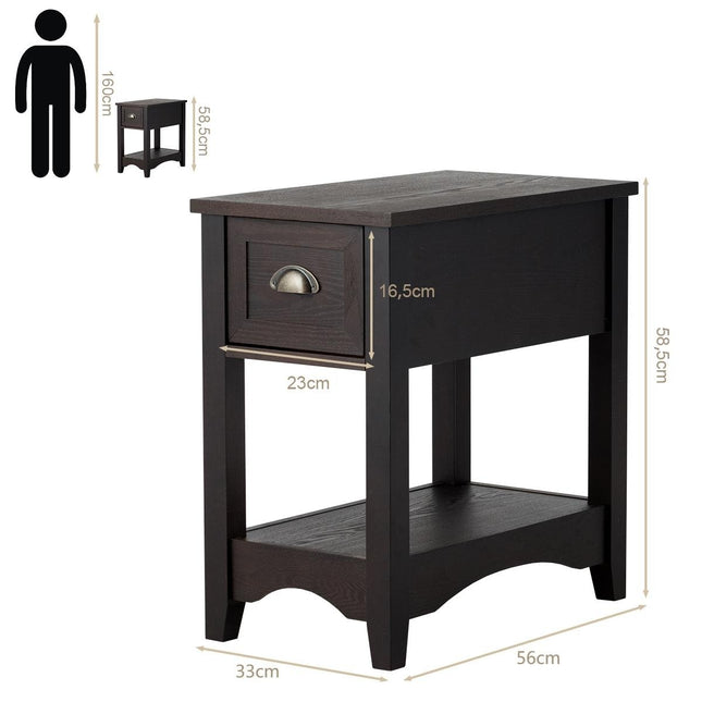 Retro side table with drawer & shelf rubber wood legs for living room & bedroom walnut