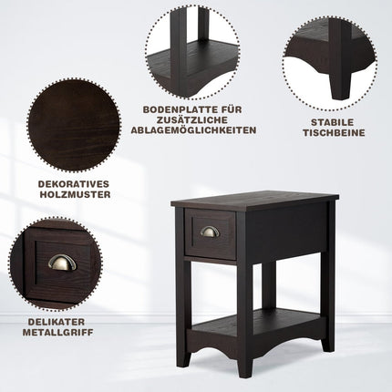 Retro side table with drawer & shelf rubber wood legs for living room & bedroom walnut