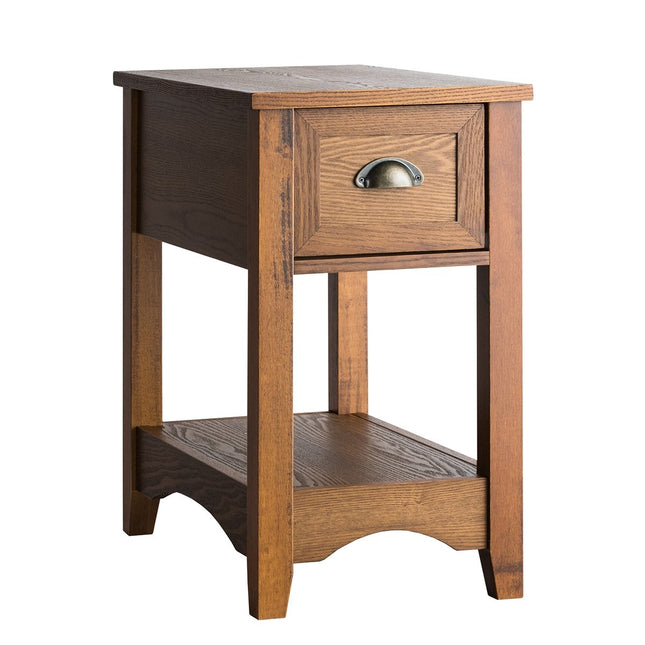 Retro bijzettafel met lade en plank, poten van rubberhout voor woonkamer en slaapkamer, geelbruin