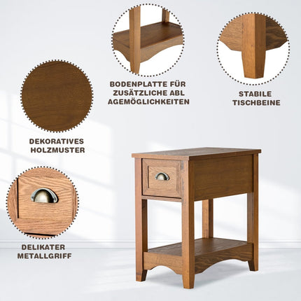 Retro side table with drawer & shelf rubber wood legs for living room & bedroom yellow brown