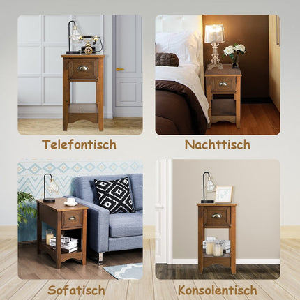 Retro side table with drawer & shelf rubber wood legs for living room & bedroom yellow brown