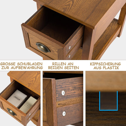 Retro side table with drawer & shelf rubber wood legs for living room & bedroom yellow brown