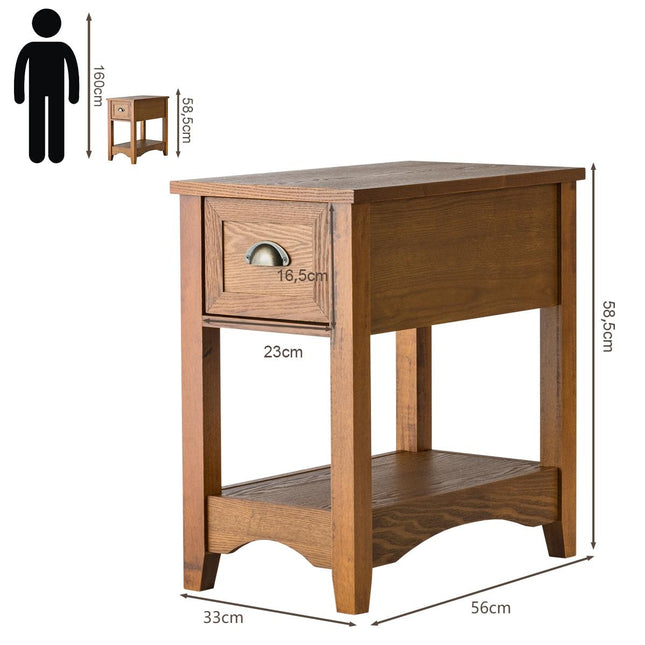 Retro bijzettafel met lade en plank, poten van rubberhout voor woonkamer en slaapkamer, geelbruin