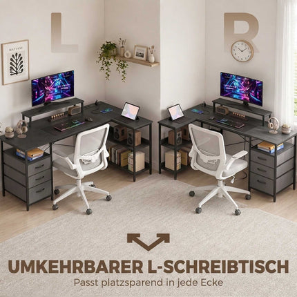 Reversible L-Shaped Desk with Drawers, Black, 170 cm