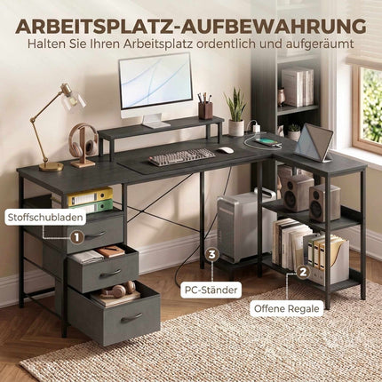 Reversible L-Shaped Desk with Drawers, Black, 170 cm