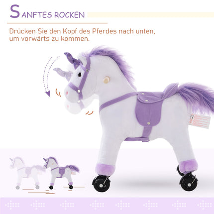Plush riding horse on wheels, purple, neighbor sound, 55x23x60 cm