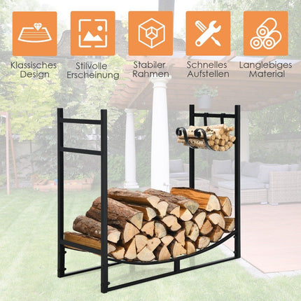 Robust fireplace shelf firewood rack with removable kindling holder 84 x 33 x 76 cm black