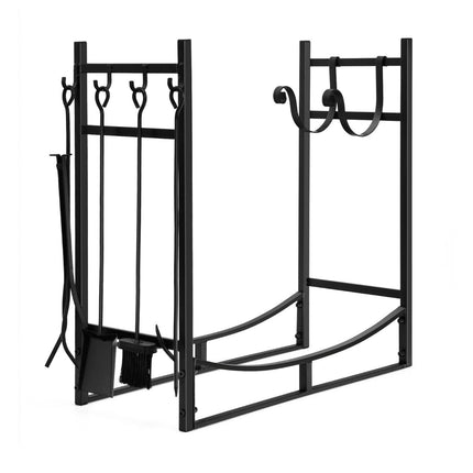 Robust metal firewood rack & tool set firewood holder with shovel 76x33x76cm black