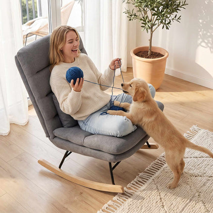 Rocking Chair, Linen-Look Fabric, Lumbar Pillow, Light Grey