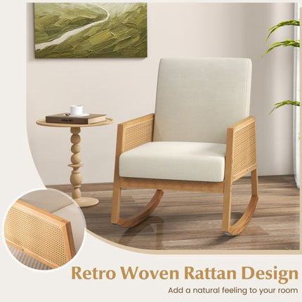 Rocking Chair, Rattan Armrests, Upholstered Cushion Beige