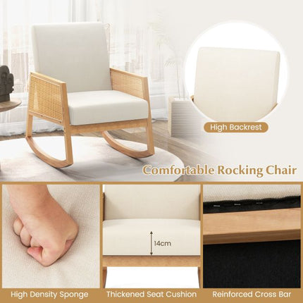 Rocking Chair, Rattan Armrests, Upholstered Cushion Beige